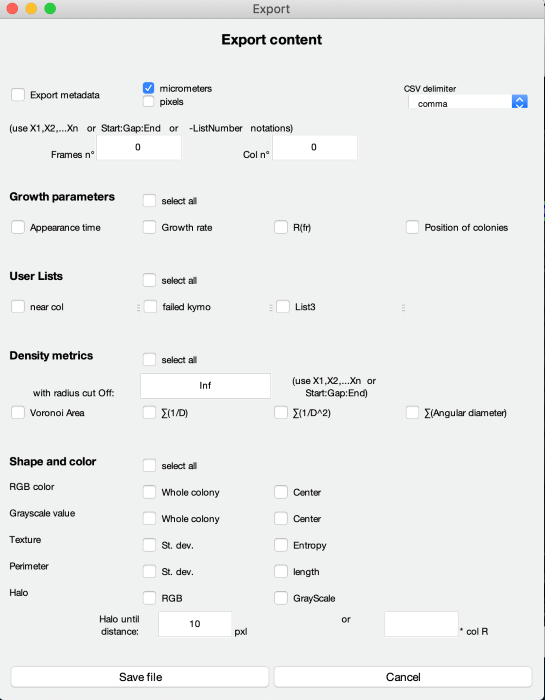 Export menu